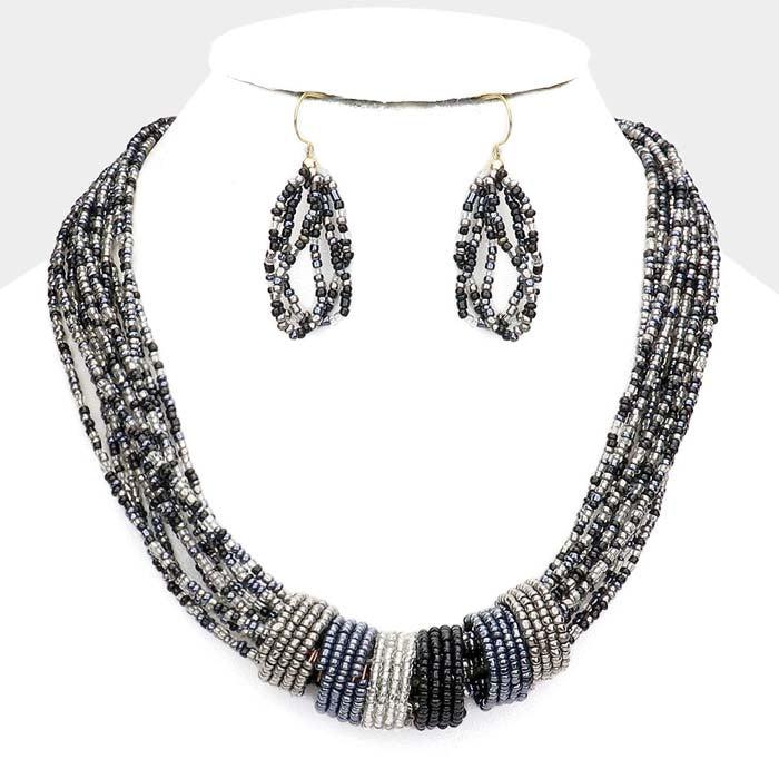 Multi Strand Black Seed Beaded Necklace Set