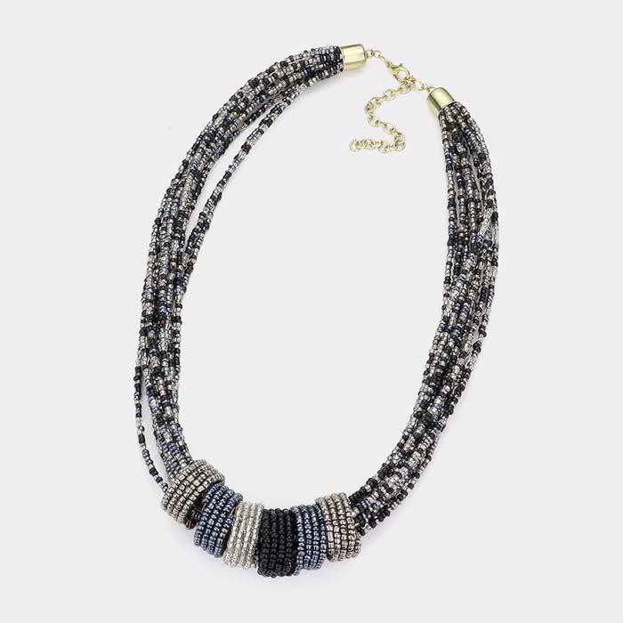 Multi Strand Black Seed Beaded Necklace Set