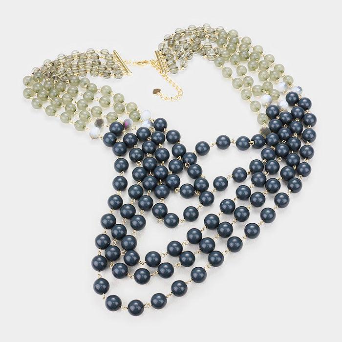 Multi Strand Gray Beaded Bib Necklace Set by core