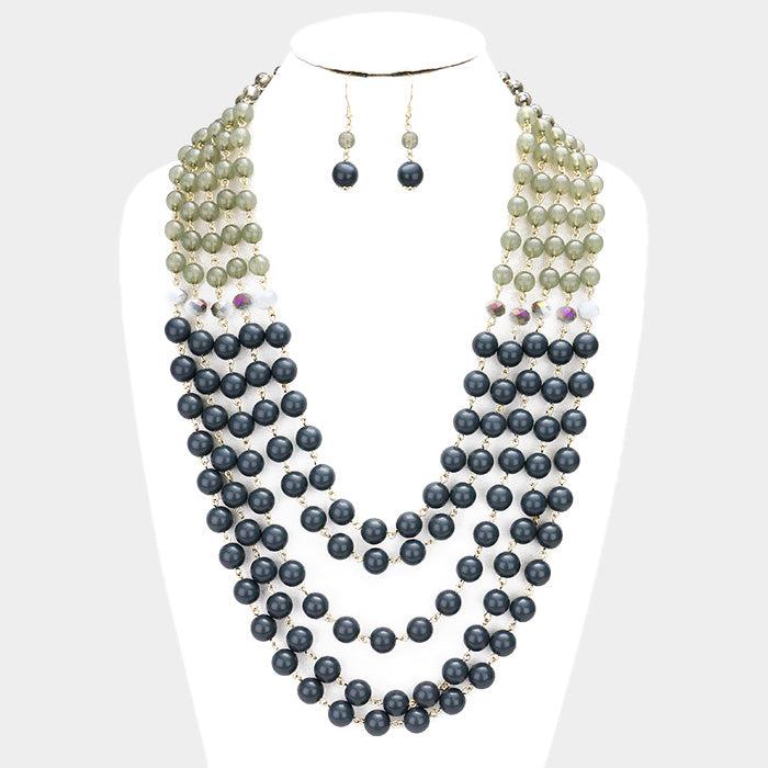 Multi Strand Gray Beaded Bib Necklace Set by core