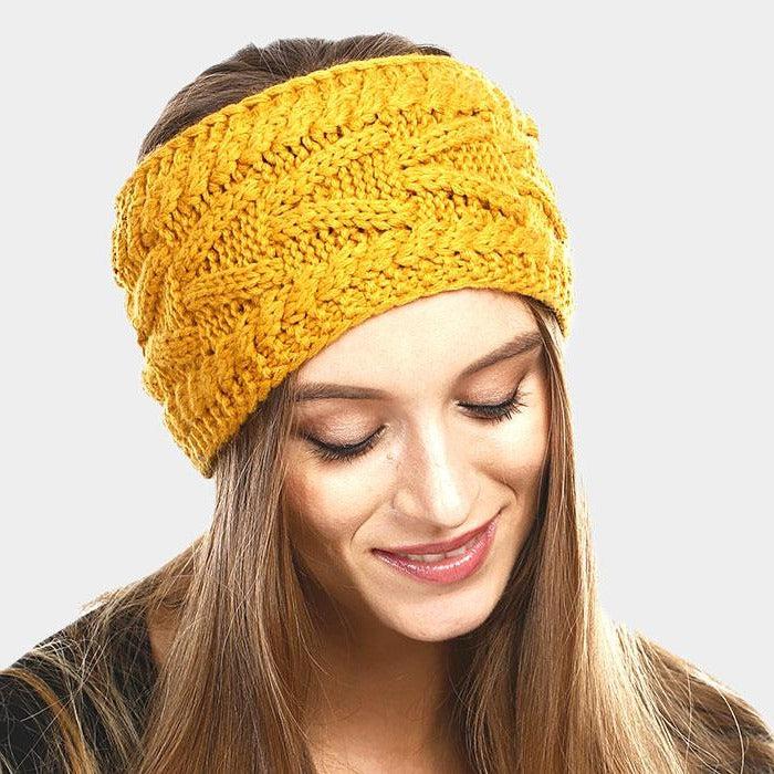 Mustard Yellow Solid Cable Knit Earmuff Headband-Hair Accessories-SPARKLE ARMAND