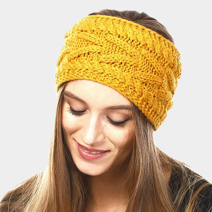 Mustard Yellow Solid Cable Knit Earmuff Headband-Hair Accessories-SPARKLE ARMAND