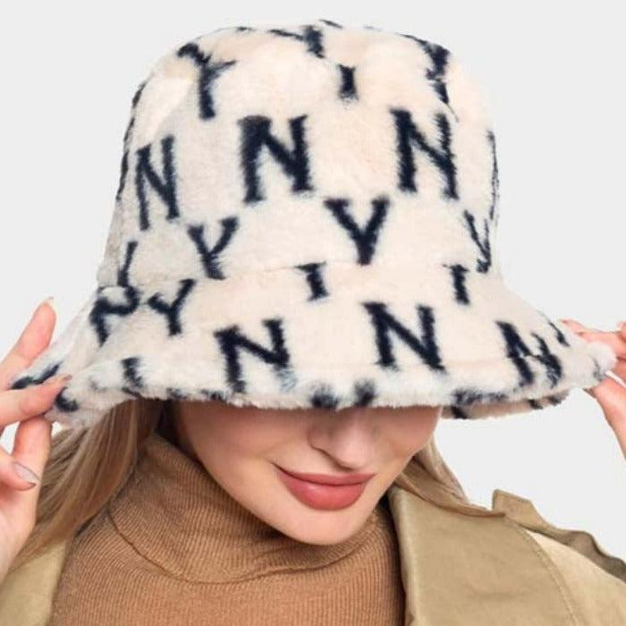NY Patterned Beige Faux Fur Bucket Hat