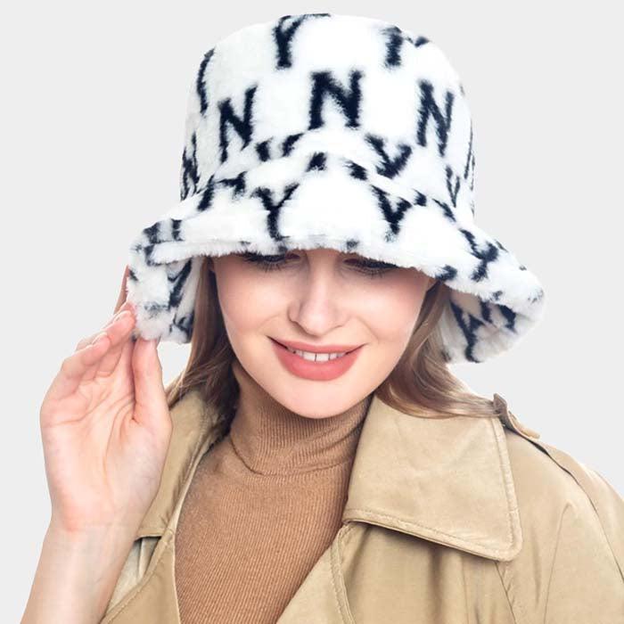 NY Patterned White Faux Fur Bucket Hat