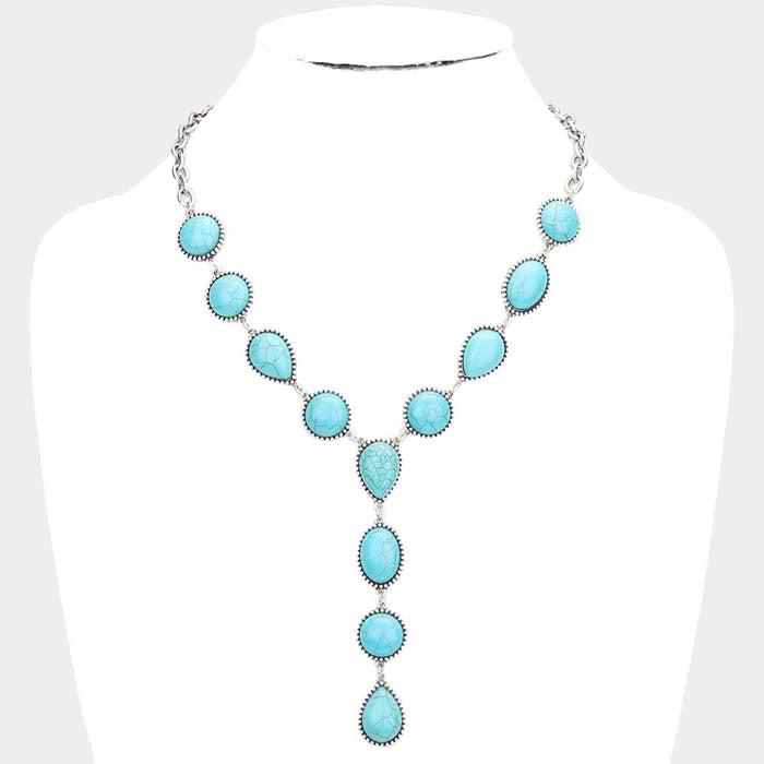 Natural Blue Stone Link Y Silver Tone Necklace-Necklace-SPARKLE ARMAND