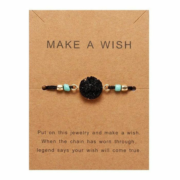 Natural Stone Black Braid Make A Wish Card Bracelet