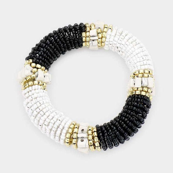 Natural Stone Black Seed Beaded Stretch Bracelet