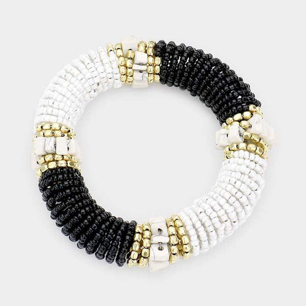 Natural Stone Black Seed Beaded Stretch Bracelet