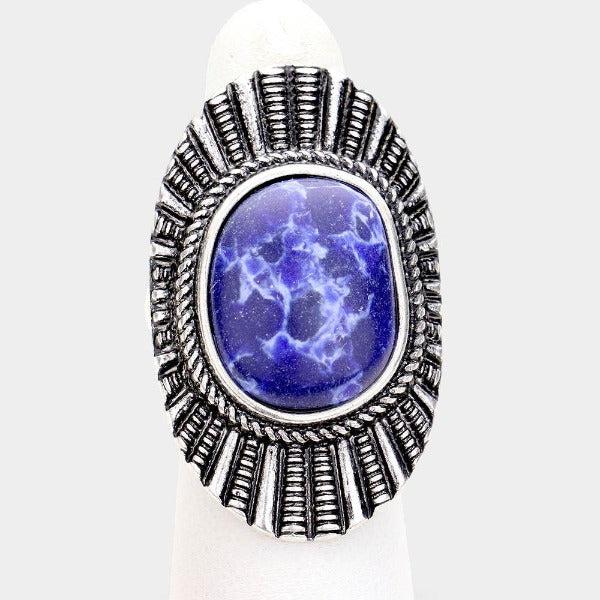 Natural Stone Blue Tribal Metal Stretch Ring-Ring-SPARKLE ARMAND