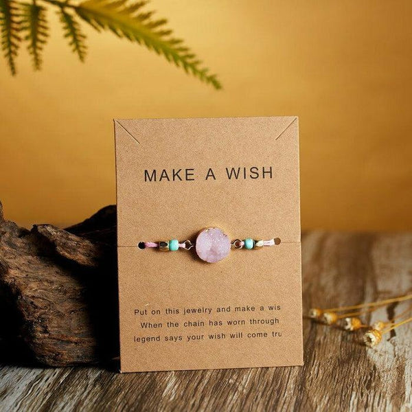 Natural Stone Pink Druzy Braid Make A Wish Card Bracelet