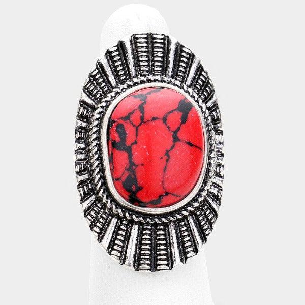 Natural Stone Red Tribal Metal Stretch Ring-Ring-SPARKLE ARMAND