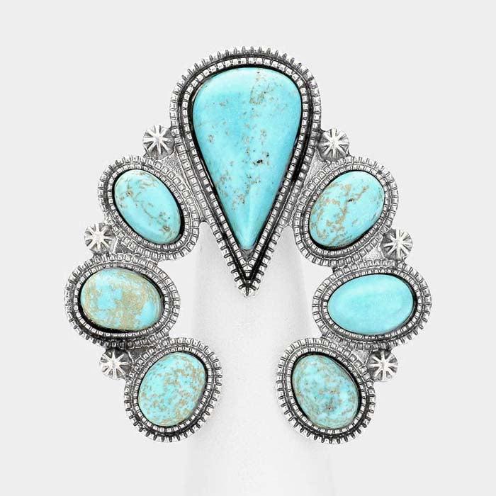 Natural Stone Turquoise Squash Blossom Stretch Ring