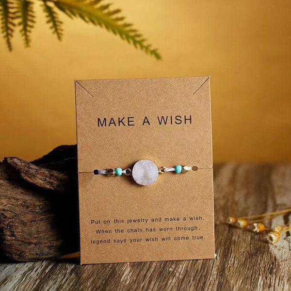 Natural Stone White Braid Make A Wish Card Bracelet