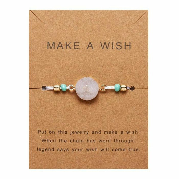 Natural Stone White Braid Make A Wish Card Bracelet
