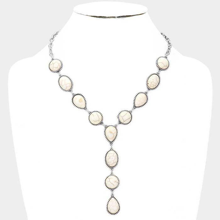 Natural White Stone Link Y Silver Tone Necklace
