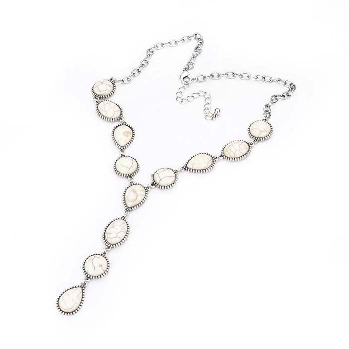 Natural White Stone Link Y Silver Tone Necklace