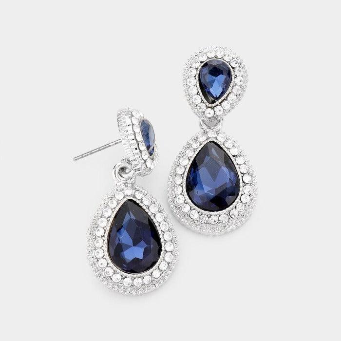Navy Blue Crystal Teardrop Silver Earrings by Sophia Collection