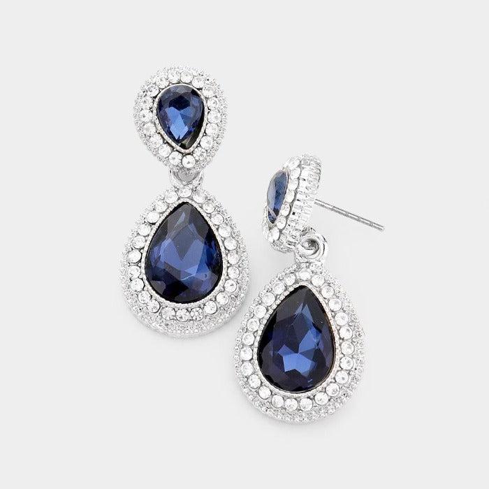 Navy Blue Crystal Teardrop Silver Earrings by Sophia Collection