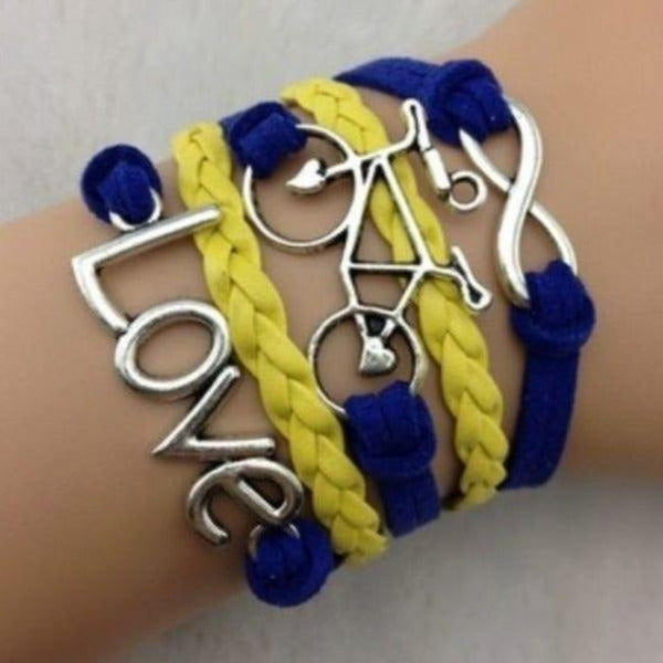 Navy Blue, Yellow, Love, Infinity, Bicycle, Silver Friendship Bracelet