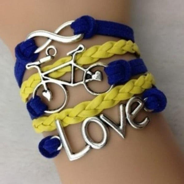 Navy Blue, Yellow, Love, Infinity, Bicycle, Silver Friendship Bracelet