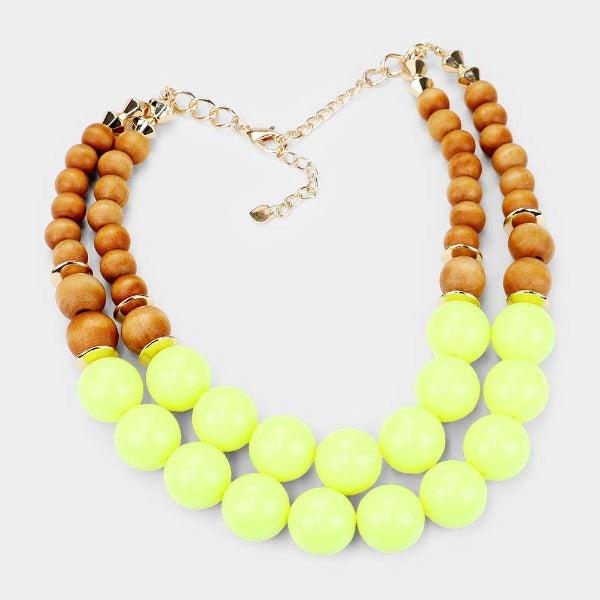 Neon Yellow Wood Ball Double Layer Necklace Set