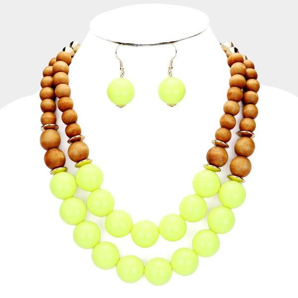 Neon Yellow Wood Ball Double Layer Necklace Set
