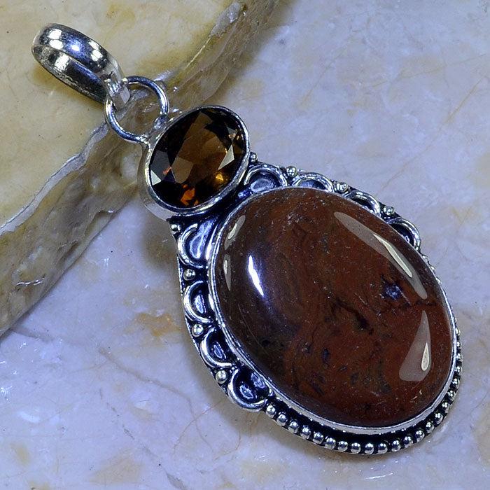 OCEAN JASPER, SMOKY QUARTZ .925 SILVER PLATED PENDANT 2 1/2" + 20" CORD-Pendant-SPARKLE ARMAND