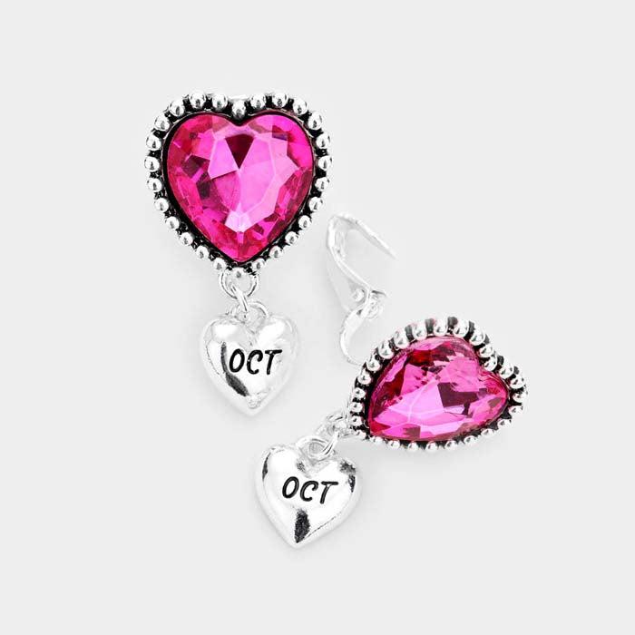 October _ Birthstone Heart Dangle Clip On Earrings