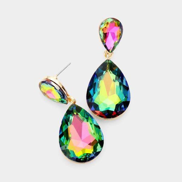 Oil Spill Crystal Double Teardrop Gold Earrings