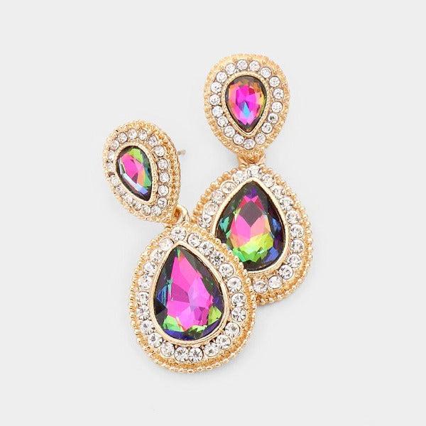 Rainbow Crystal Pave Gold Evening Earrings