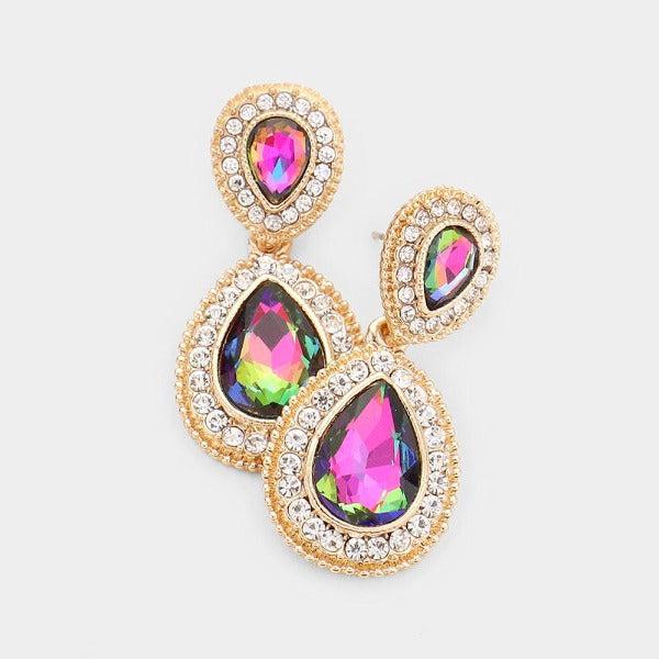 Rainbow Crystal Pave Gold Evening Earrings