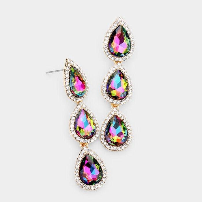 Oil Spill Crystal Triple Teardrop Gold Earrings