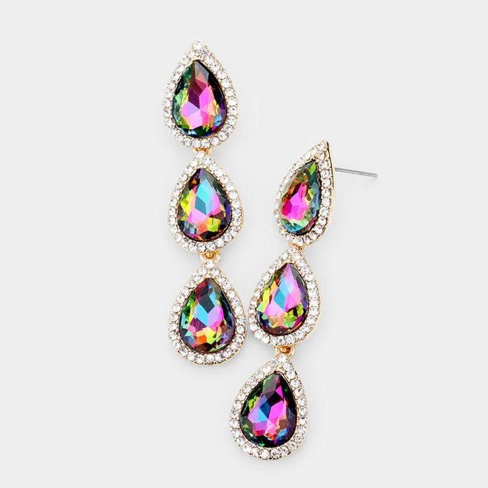 Oil Spill Crystal Triple Teardrop Gold Earrings