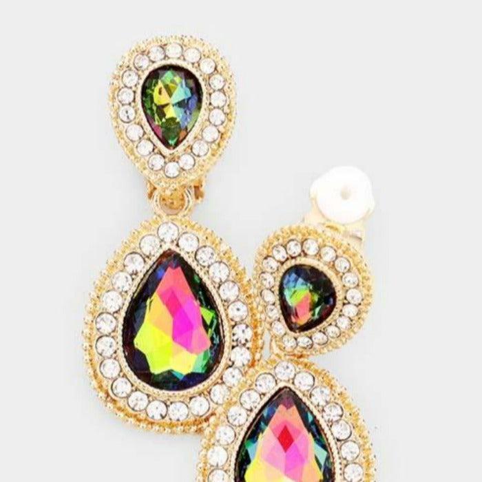 Oil Spill Glass Crystal Pave Trim Teardrop Clip on Earrings by Miro Crystal Collection