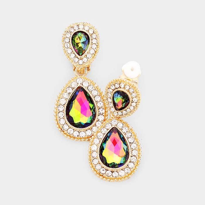 Oil Spill Glass Crystal Pave Trim Teardrop Clip on Earrings by Miro Crystal Collection