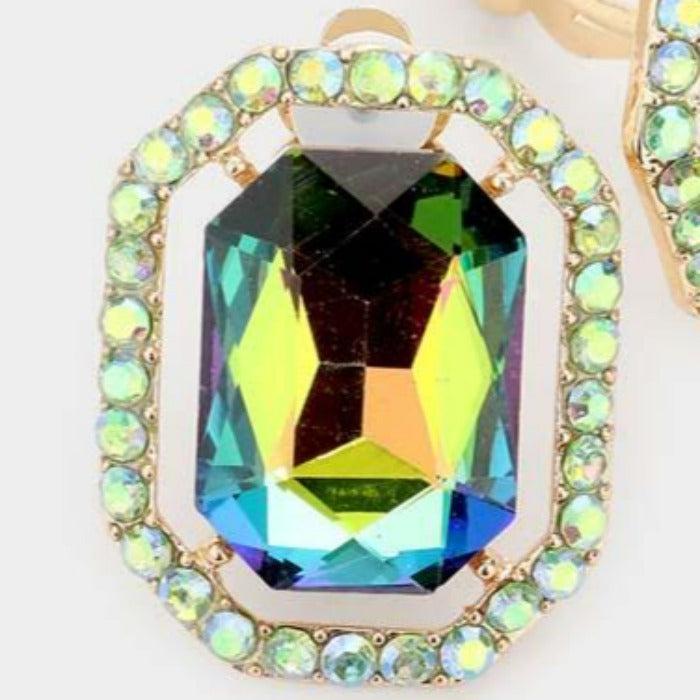 Oil Spill Octagon Stone Center Evening Clip on Earrings