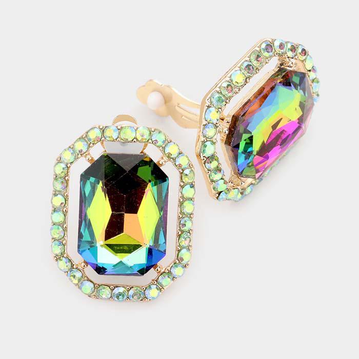 Oil Spill Octagon Stone Center Evening Clip on Earrings