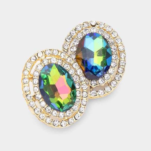 Oil Spill Rhinestone Trim Oval Stone Stud Evening Earrings