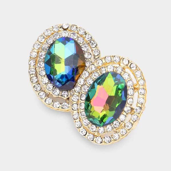 Oil Spill Rhinestone Trim Oval Stone Stud Evening Earrings