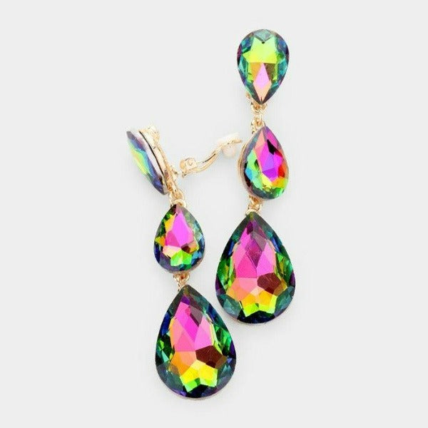 Oil Spill Triple Crystal Rhinestone Clip-On Earrings