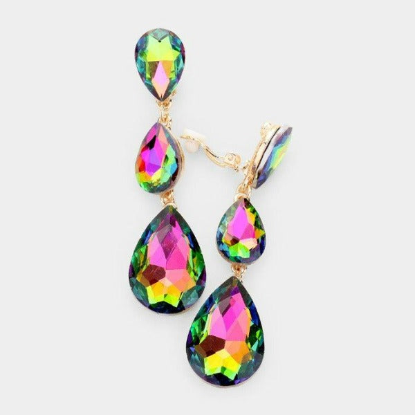 Oil Spill Triple Crystal Rhinestone Clip-On Earrings