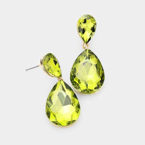 Olive Green Crystal Double Teardrop Gold Earrings