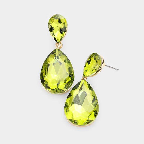 Olive Green Crystal Double Teardrop Gold Earrings