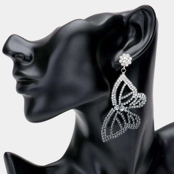 Ombre Butterfly Accented Black Rhinestone Earrings