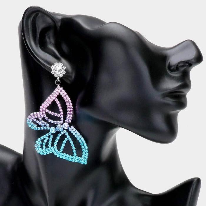 Ombre Butterfly Accented Blue Rhinestone Earrings