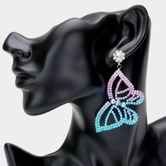 Ombre Butterfly Accented Blue Rhinestone Earrings