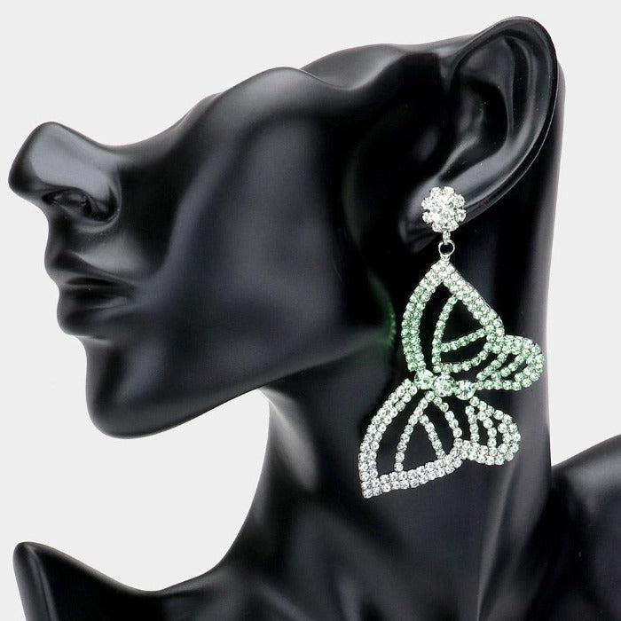 Ombre Butterfly Accented Green Rhinestone Earrings