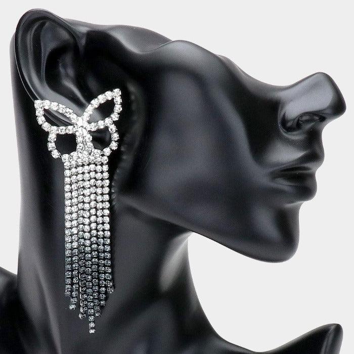 Ombre Butterfly Black Rhinestone Fringe Earrings
