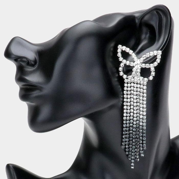 Ombre Butterfly Black Rhinestone Fringe Earrings