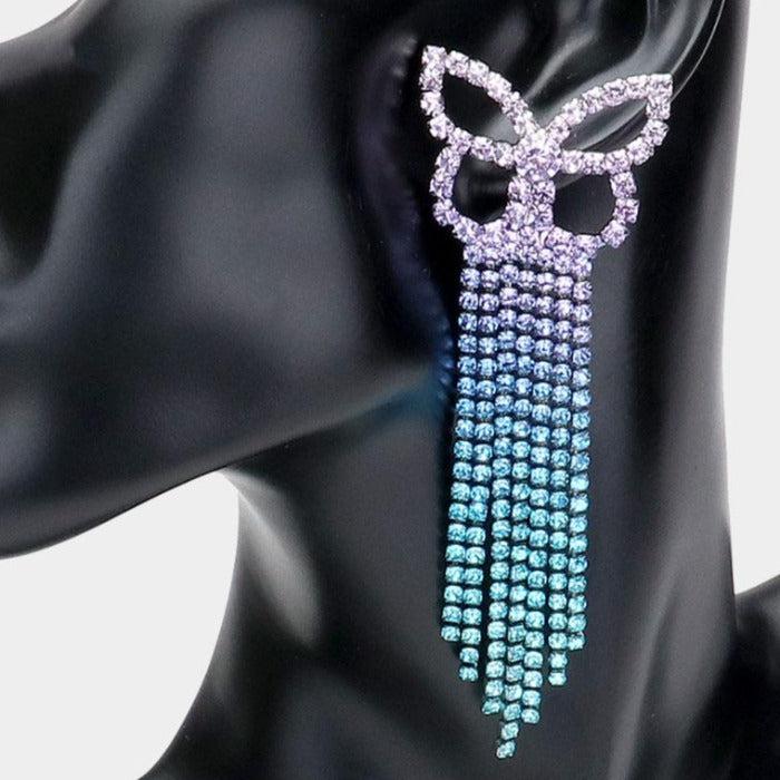 Ombre Butterfly Blue Rhinestone Fringe Earrings